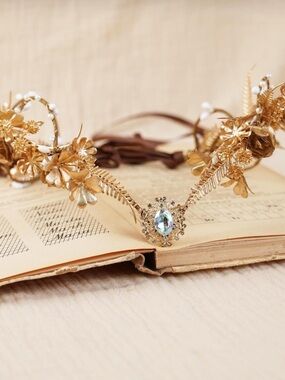 Gold Floral Bridal Crown Boho Goddess Headpiece w/ Crystal + Ribbon Tie